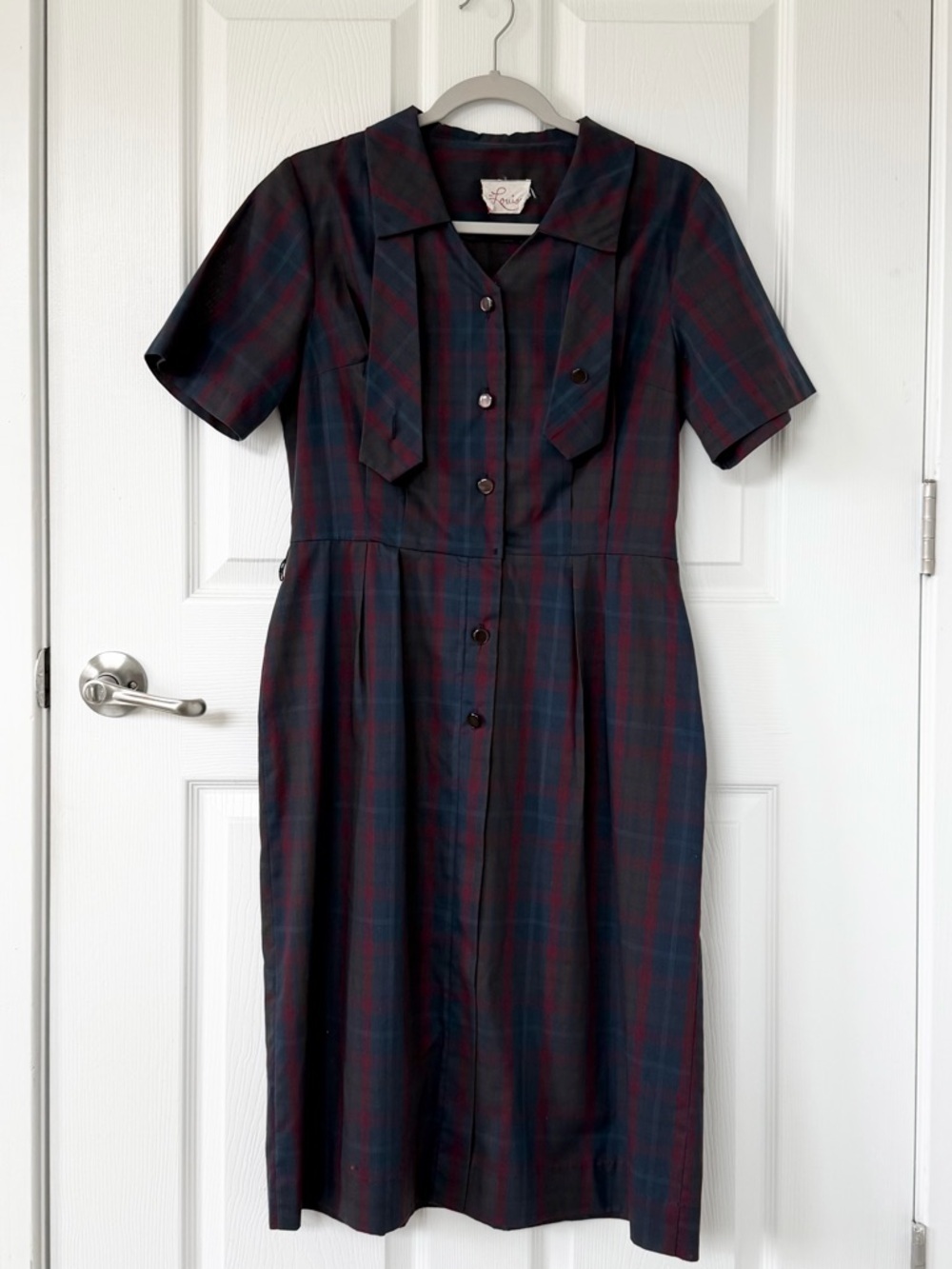 Vintage Navy & Burgundy Plaid Button-Front Women's Shirt Dress by Louisa